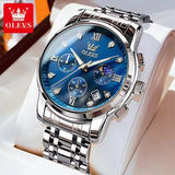 OLEVS 2858 Chronograph Men's Watch Blue Dial – Waterproof Luminous Quartz Stainless Steel Luxury Wristwatch