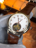 Patek Philippe Automatic Open Heart Watch – White Dial, Rose Gold Tone & Brown Leather Strap