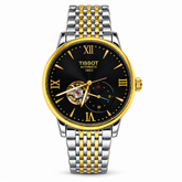 TISSOT Automatic Skeleton Watch – Black & Gold Stainless Steel