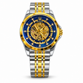 Rolex Style Men’s Skeleton Automatic Watch – Blue Dial Gold & Silver