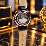 Luxury Men's Watch – Black Skeleton Dial, Rose Gold Case & Leather Strap