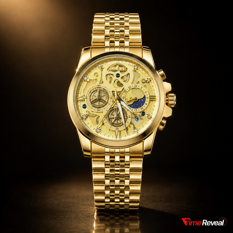 OLEVS 9947 Gold Edition men's luxury skeleton chronograph watch with brown leather strap