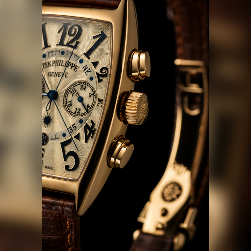 Patek Philippe style luxury men's watch gold brown leather strap