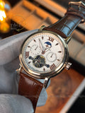 Patek Philippe Automatic Open Heart Watch – White Dial, Moonphase-Style Display, Dual Subdials & Brown Leather Strap