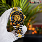 Rolex Style Men’s Skeleton Automatic Watch – Blue Dial Gold & Silver