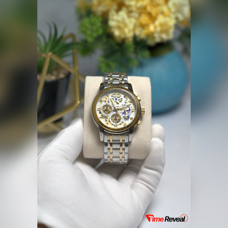 OLEVS 9947 skeleton chronograph watch side view showing gold crown and pushers