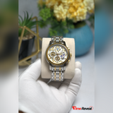 OLEVS 9947 skeleton chronograph watch side view showing gold crown and pushers