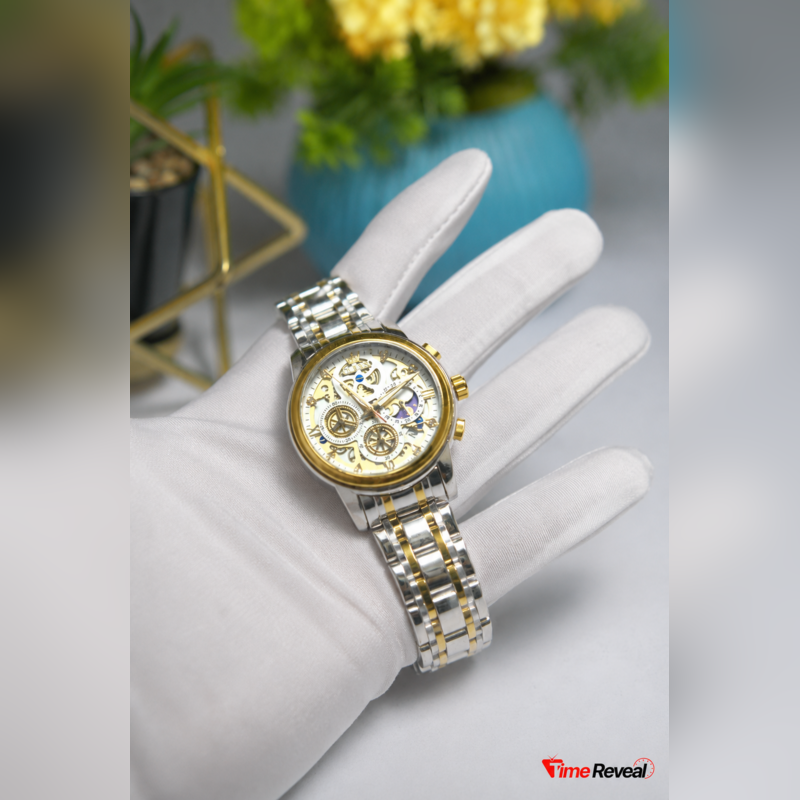 OLEVS 9947 men's white dial skeleton watch with gold and silver stainless steel bracelet