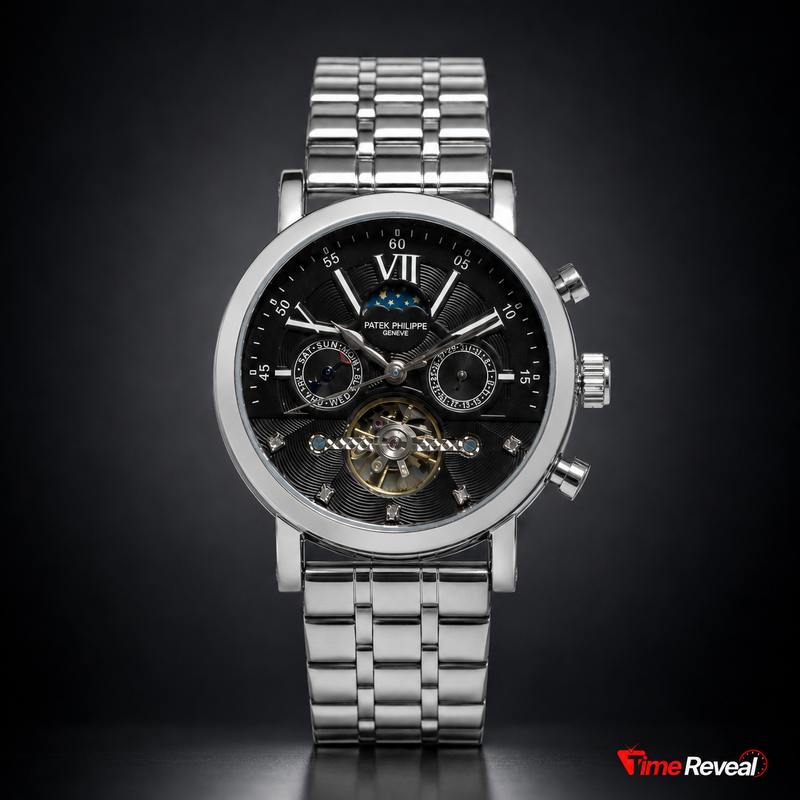 Patek Philippe black skeleton men's watch with silver stainless steel bracelet