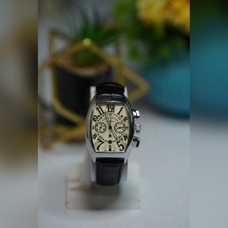 Patek Philippe style men's luxury watch gold case brown leather strap