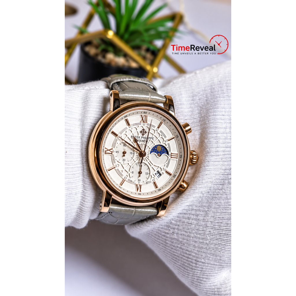 Patek Philippe rose gold men's watch side view with grey leather strap