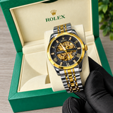 ROLEX Black Skeleton Automatic Watch | Gold & Silver Two-Tone