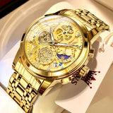 Olevs 9947 Luxury Gold Skeleton Chronograph Watch