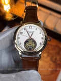 Patek Philippe Automatic Open Heart Watch – White Dial, Rose Gold Tone & Brown Leather Strap