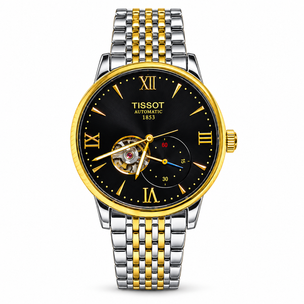 TISSOT Automatic Skeleton Watch – Black & Gold Stainless Steel