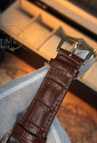 Patek Philippe Automatic Open Heart Watch – White Textured Dial, Blue Hands, Day/Night Display & Brown Leather Strap