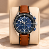 BOSS Men’s Chronograph Watch – Blue Dial with Brown Leather Strap
