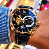Luxury Men's Watch – Black Skeleton Dial, Rose Gold Case & Leather Strap