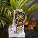 Rolex Style Men’s Skeleton Automatic Watch – Blue Dial Gold & Silver