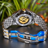Rolex Style Men’s Skeleton Automatic Watch – Blue Dial Gold & Silver