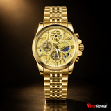 OLEVS 9947 Gold Edition men's luxury skeleton chronograph watch with brown leather strap