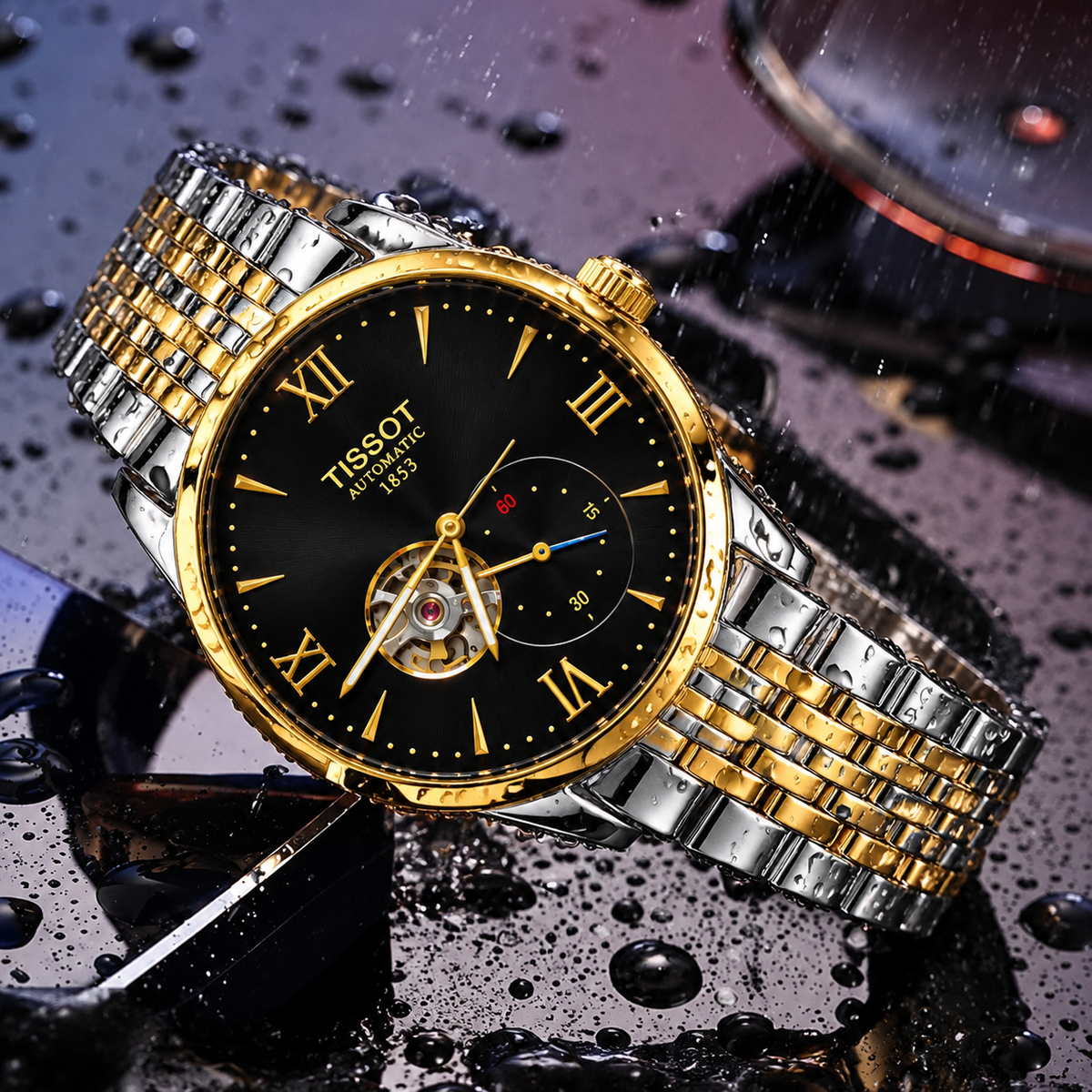 TISSOT Automatic Skeleton Watch – Black & Gold Stainless Steel