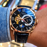 Luxury Men's Watch – Black Skeleton Dial, Rose Gold Case & Leather Strap