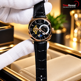 Luxury Men's Watch – Black Skeleton Dial, Rose Gold Case & Leather Strap