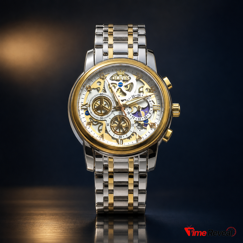 OLEVS 9947 men's white skeleton chronograph watch with two tone gold and silver bracelet