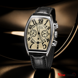 Patek Philippe style men's luxury watch silver case black leather strap