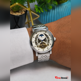 Patek Philippe open heart watch close up with skeleton dial.