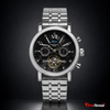 Patek Philippe black skeleton men's watch showing the detailed dial and stainless steel bracelet