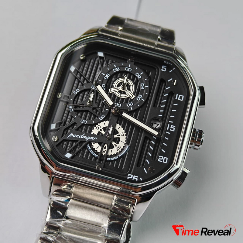 Discover the bold and sophisticated Poedagar Men's Black & Silver Skeleton Watch. Featuring a striking skeleton-style dial, premium metallic finish, detailed chronograph-inspired design, and a modern stainless-steel bracelet, this timepiece is made to stand out. Perfect for everyday wear, business occasions, parties, and special events.